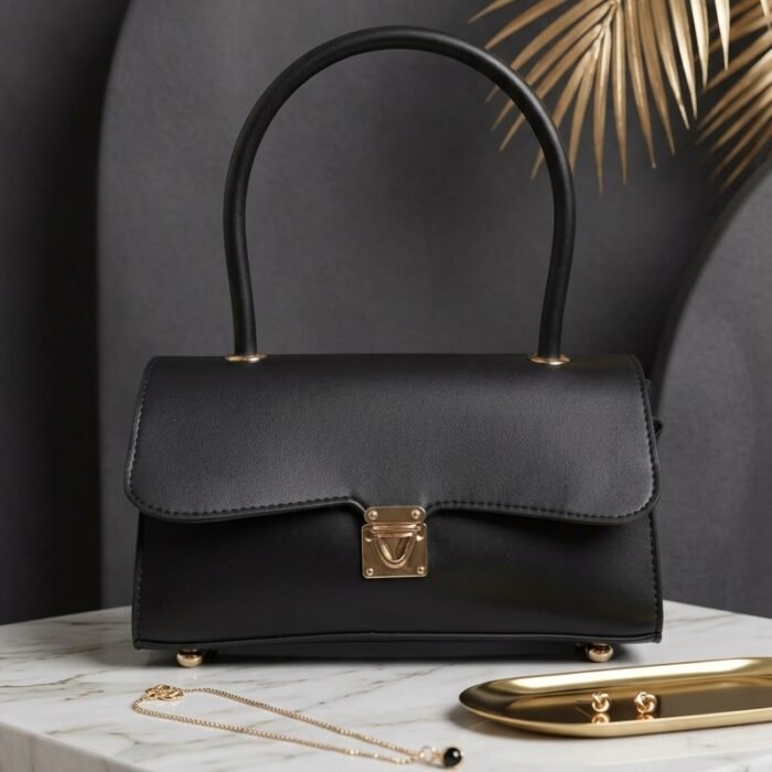 Elegant Black Structured Handbag with Gold Lock