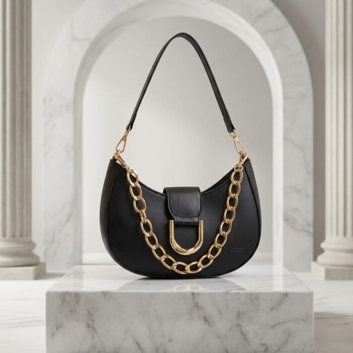 Elegant Black Hobo Handbag with Gold U-Shaped