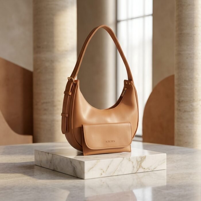 Urooj Store - Chic Tan Brown Crescent Shoulder Bag with Front Pouch