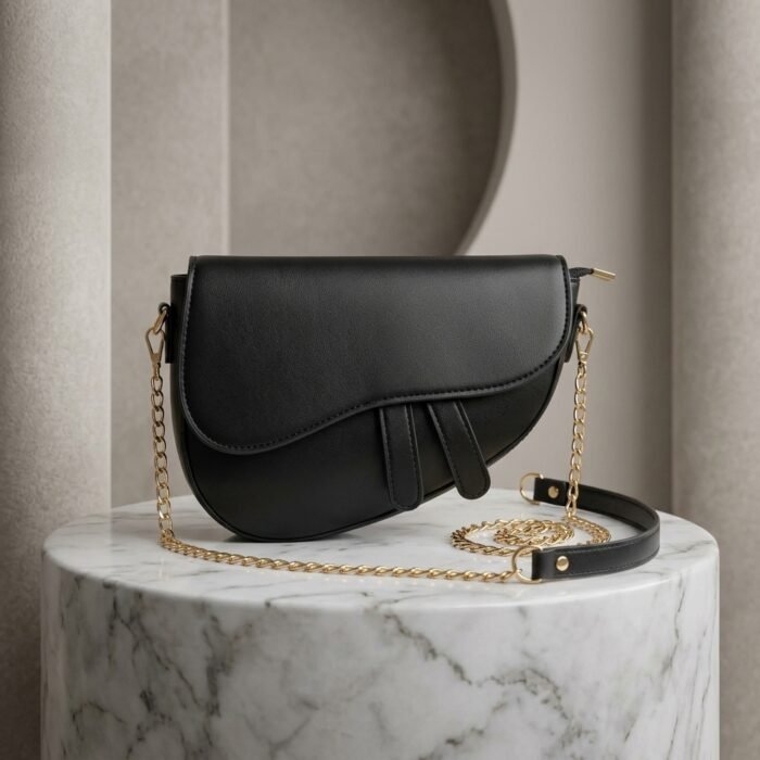 Urooj Store - Classic Black Leatherette Crossbody Saddle Bag with Gold Chain