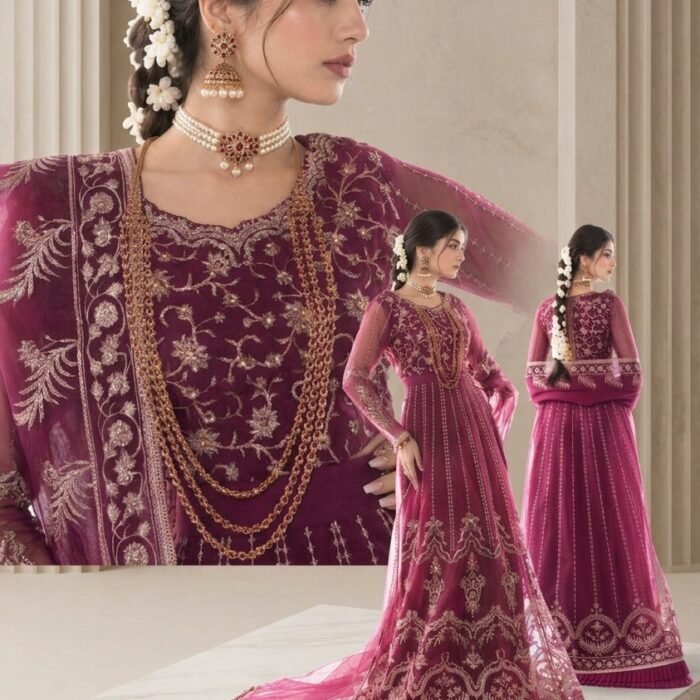 Urooj Store - Zahrah Heavily Embroidered Magenta Organza Maxi (3 Piece)