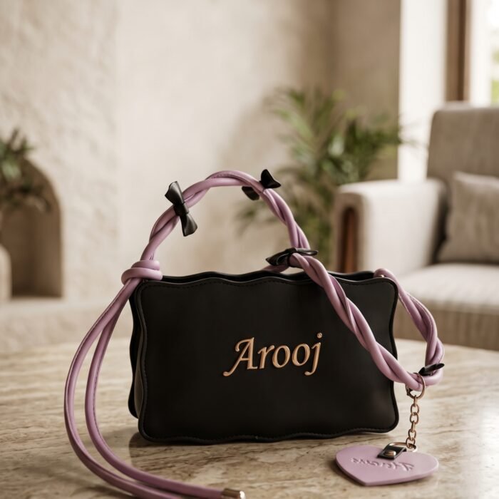 Forever Heart Black Shoulder Bag – Stylish Pink Strap Ladies Handbag