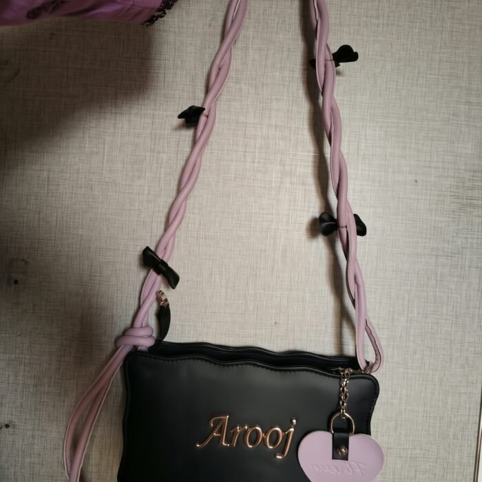 Forever Heart Black Shoulder Bag – Stylish Pink Strap Ladies Handbag